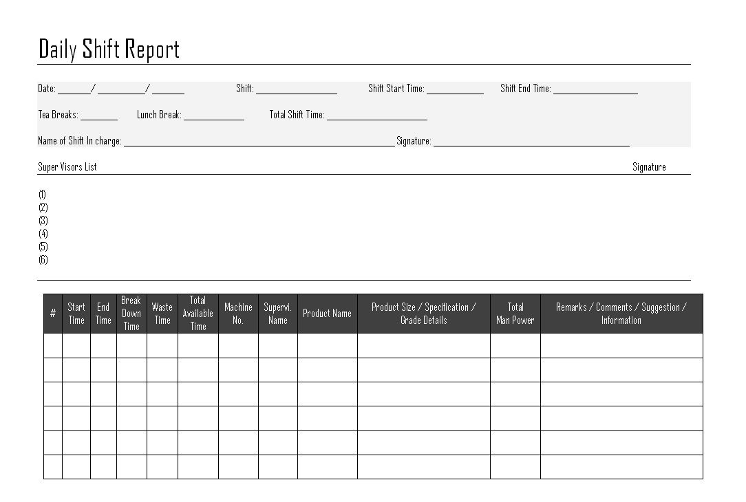 Conditional formatting in excel highlights cells that meet a specified condition. Daily Shift Report