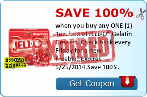 Save 100% when you buy any ONE (1) 3oz. box of JELL-O®. Check back every Friday for a new Freebie!.Expires 5/25/2014.Save 100%.