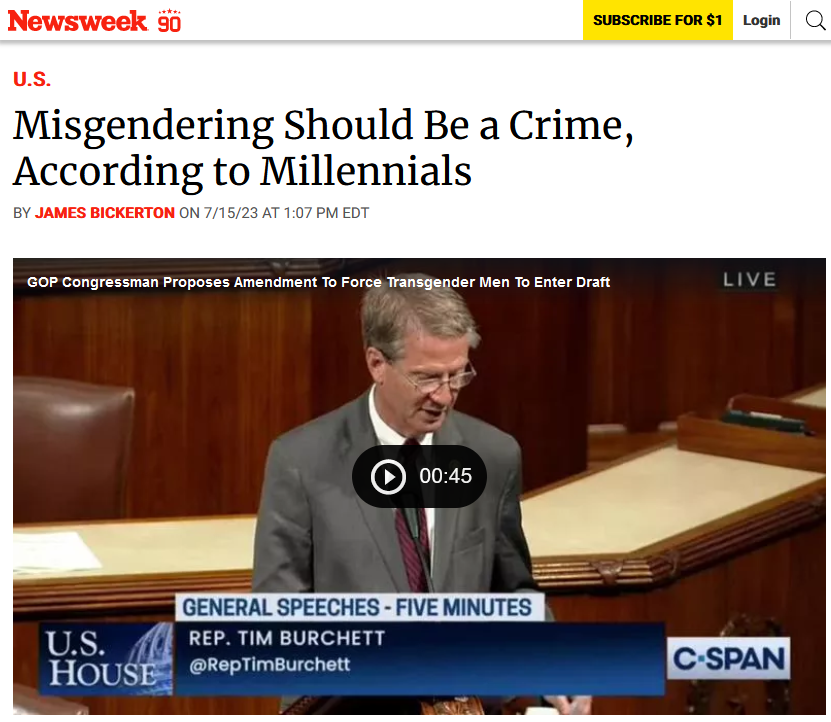 Screenshot of Newsweek article indicating that Millennials are all for making misgenering illegal.
