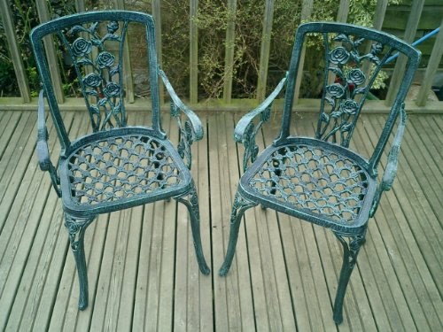 Metal Cast Aluminium Garden Carver Chairs x2 Rose Antique 
