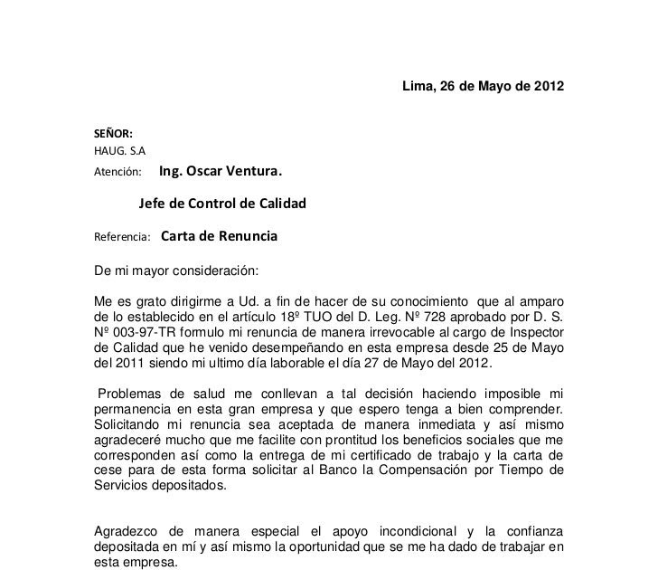 Carta De Renuncia Irrevocable Ejemplo - s Carta De