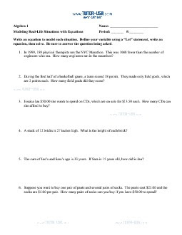 Free trial available at kutasoftware.com. Worksheet Equations Word Problems Model Real Life Situations With Equations Algebra Printable