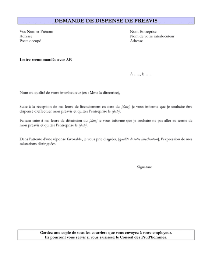 modèle lettre de démission avec préavis