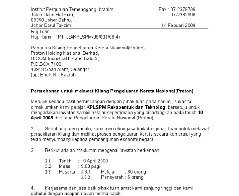 Surat Rasmi Permohonan Lawatan Industri - Kecemasan i