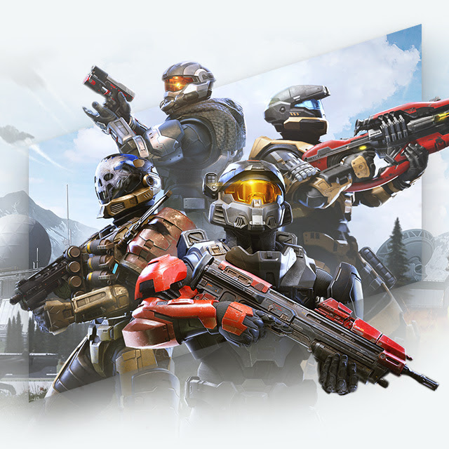 Key-art for Halo Infinite Multiplayer featuring multiple Spartans with weapons.