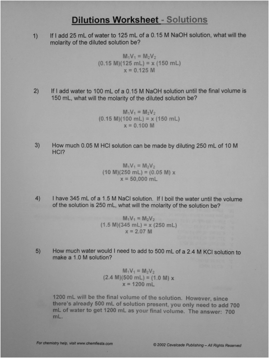 Molarity Practice Worksheet Answer