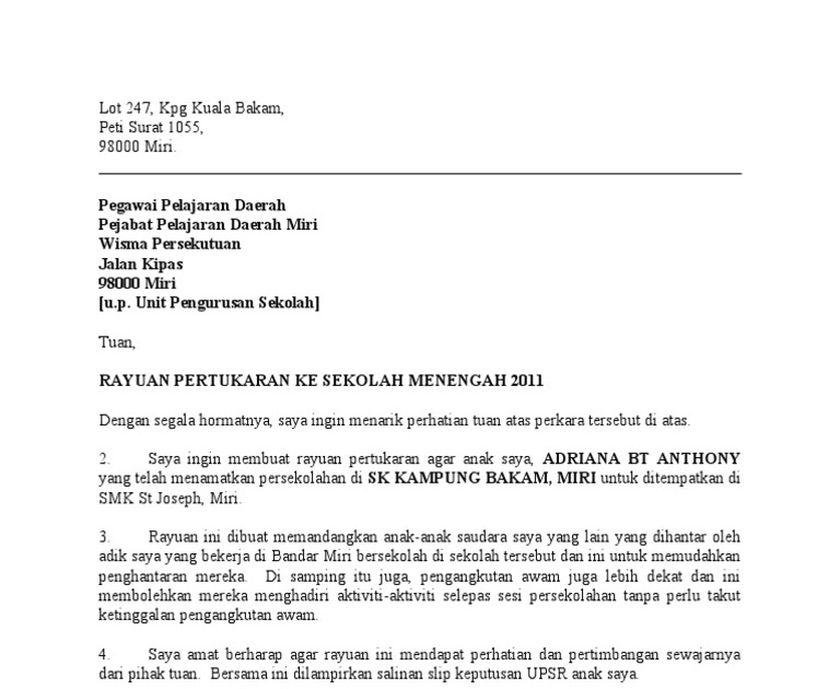 Surat Rayuan Tukar Mrsm - Malacca a