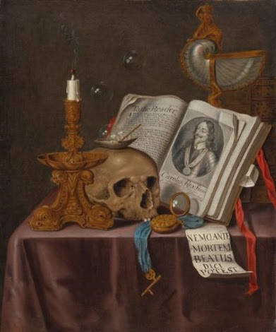 The wider world is referred to by the globe and the atlas. A Vanitas Still Life With A Candlestick A Skull A Shell Bubbles A Watch A Portrait Of Charles I And Other Objects On A Draped Table Von Edward Collier Auf Artnet