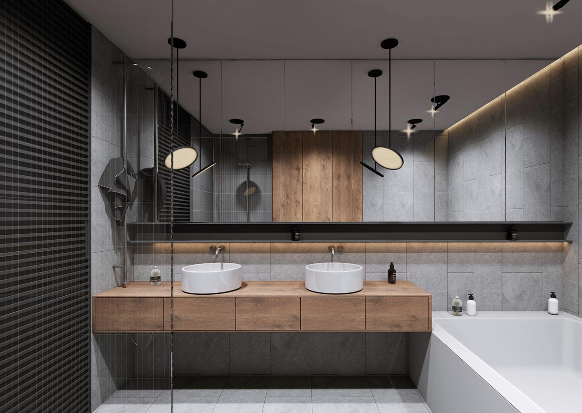 The reclaimed pine vanity and iron hardware play off the patterned tile floor and ship lap walls for a contemporary eclectic mix. 40 Double Sink Bathroom Vanities
