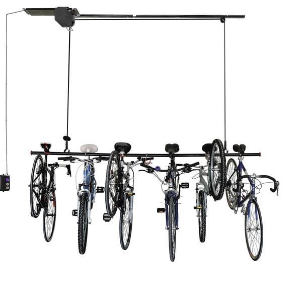 Upgrade from the pulley system and hang your bikes up high with an electric lift, like this one from garage gator that hangs up to eight bikes. Garage Gator Motorized Bike Lift Gg8220 Overhead Storage 220lbs Garage Tools Storage