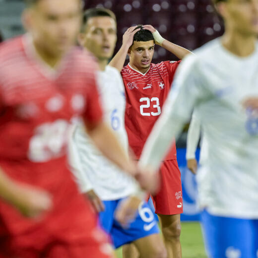 Switzerland's Zeki Amdouni reacts during a Group D match between Switzerland and France at the 2023 UEFA European Under-21 Championship tournament in the Dr. Constantin Radulescu stadium in Cluj-Napoca, Romania, on Wednesday June 28, 2023. (KEYSTONE/Georgios Kefalas)