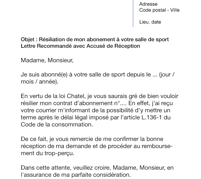modèle lettre résiliation loi châtel