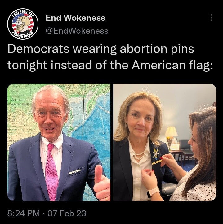 Tweet showing two Democrats wearing pins that say "abortion." The irony is lost on them.