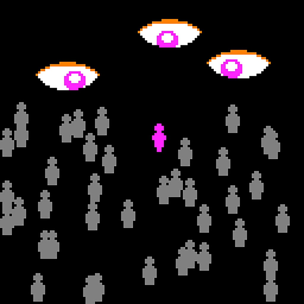 In a video game screenshot, three large eyes look down toward one hot pink figure in a crowd of gray figures.