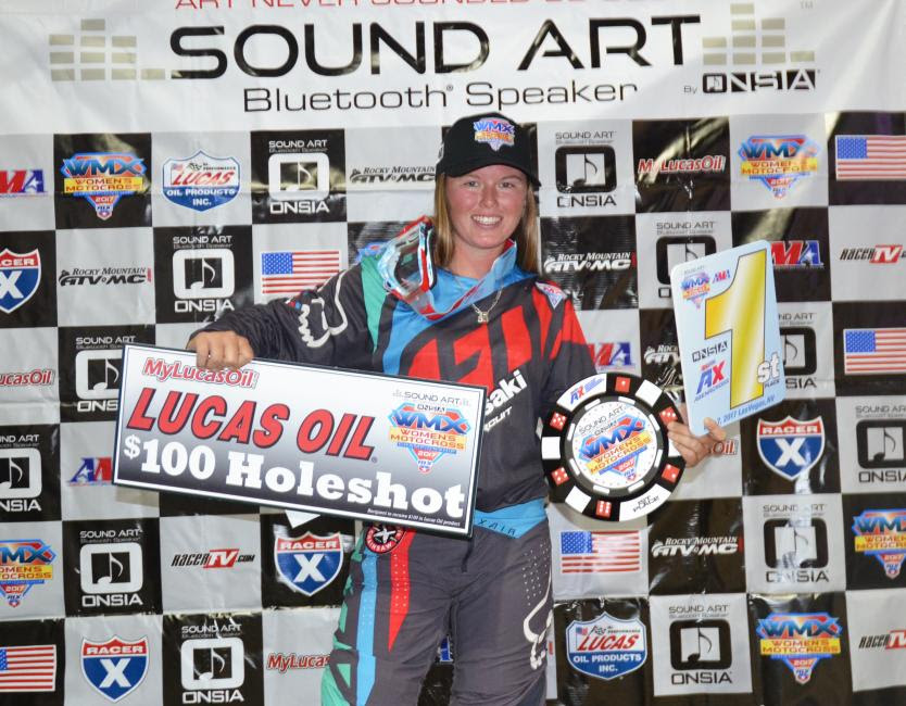 Kylie takes the MyLucasOil.com Holeshot awrad and the overall win.