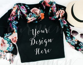 Download Folded Black T-Shirt Mockup with Scarf / Flat Lay Shirt Mockup / Digital Photo - Download Free ...