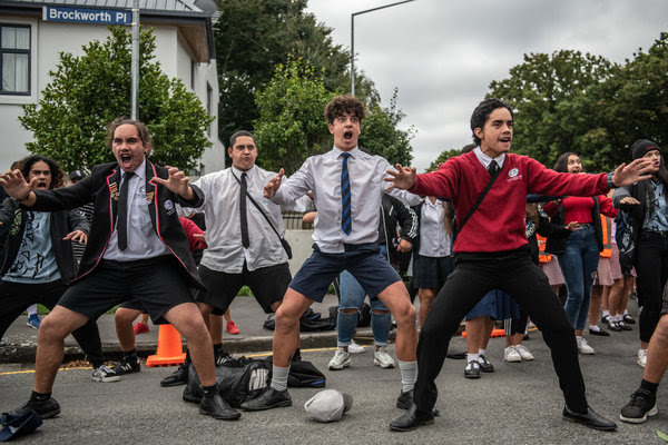 Students performing a haka near Al Noor mosque in Christchurch on Monday.