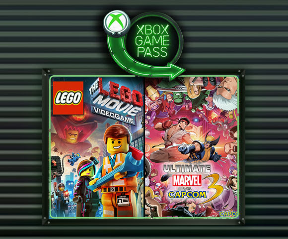 A green, glowing XBOX GAME PASS neon light floating above game art for The LEGO Movie Videogame and Ultimate Marvel vs. Capcom 3.