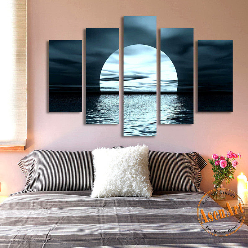 Collection by hey there, home | home decor tips + diy • last updated 3 days inspiration and ideas for wall diy, home gallery walls, wall paper, wall stencils, wall decor, wall art. 5 Panel Moon Picture Night Sea Landscape Painting For Living Room Mode Ellaseal