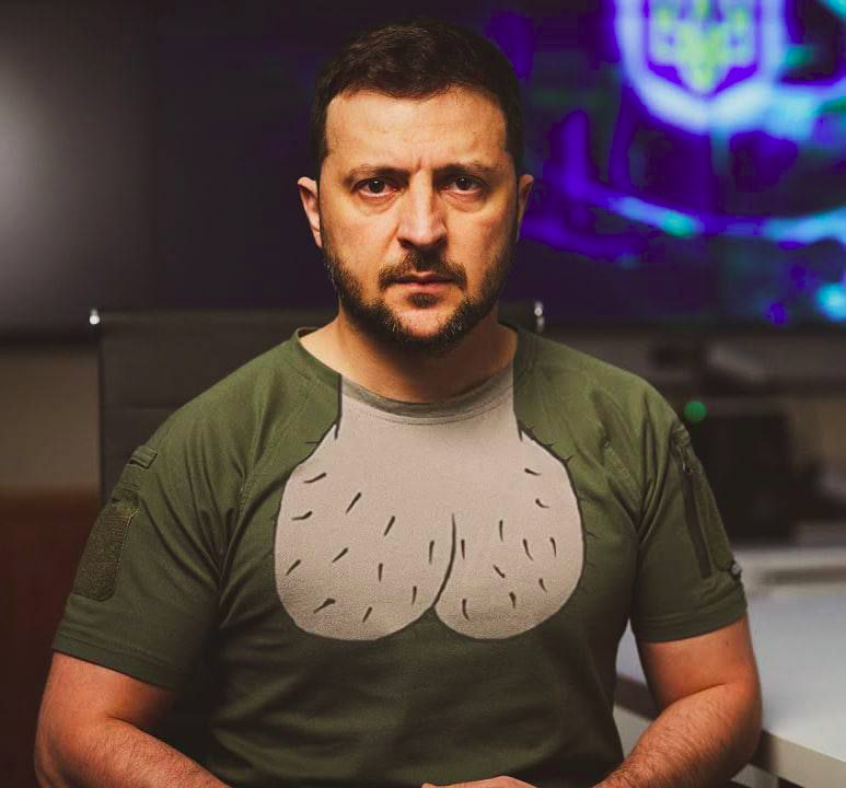 Joke photo of Zelenskyy with adrawing of two huge balls on hischest.