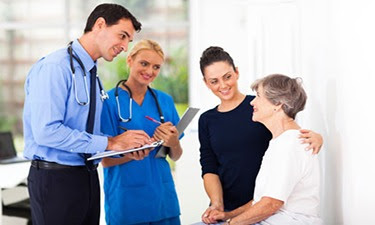 Patient and family members discuss options with doctor and nurse.