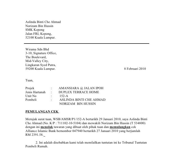 Contoh Surat Rasmi Pembatalan Pembelian Rumah - Contoh Nda