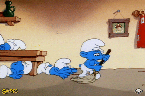 Smurf guy cleaning up 