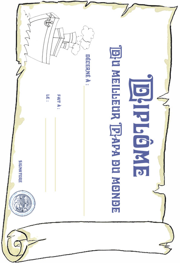 Un diplôme à télécharger, imprimer et à remplir pour offrir à la fête des pères. Fetes Des Peres Qouafer