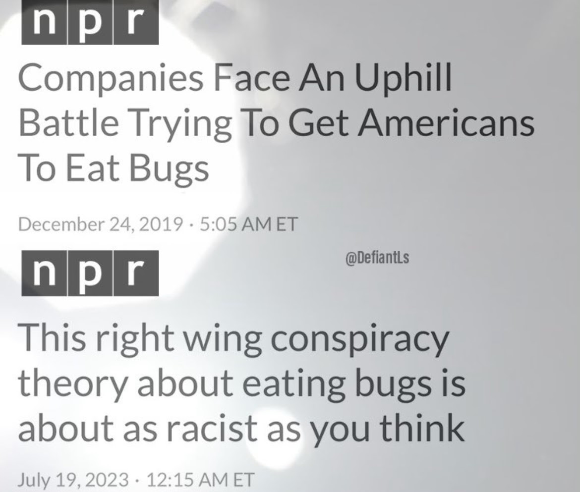 Hypocrite NPR. First they extol virtues of eating bugs then claim the idea is a racist conspiracy.