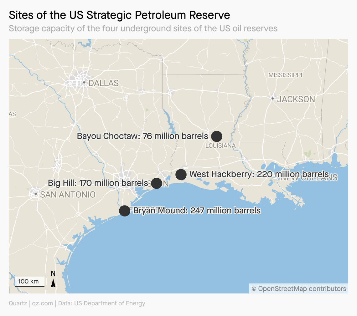 A map showing sites of the US strategic petroleum reserve. There are sites in In Texas and Louisiana near the Gulf of Mexico.