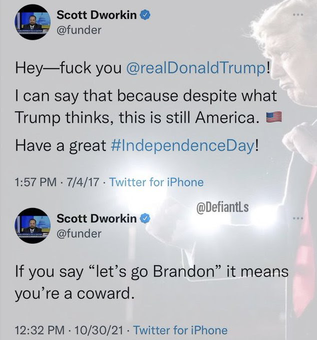Hypocrite: Scott Dworkin. Fist he cusses out Trump brannging he has first amendment rights. Then he condemns anyone saying anything about Biden.