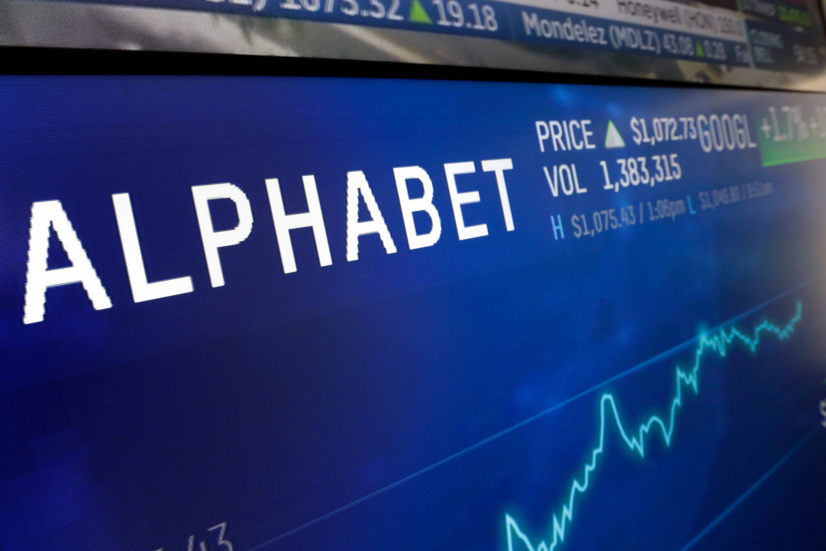 FILE - In this Feb. 14, 2018, file photo the logo for Alphabet appears on a screen at the Nasdaq MarketSite in New York. Alphabet reports earnings on Tuesday July 25, 2023. (AP Photo/Richard Drew, File)
Alphabet