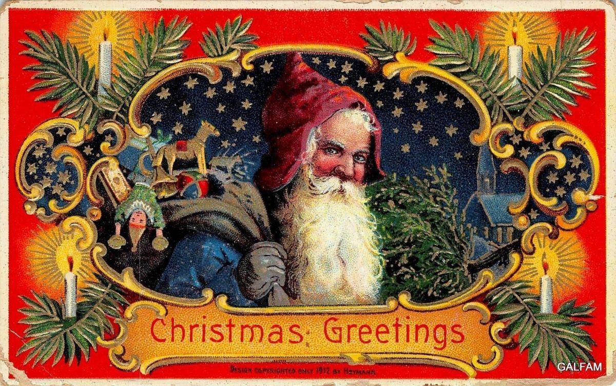 Vintage CHristmas card of Santa looking creepy.