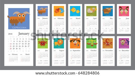 Inspirational designs, illustrations, and graphic elements from the world's best designers. Creative Calendar 2018 With Horoscope Signs Zodiac Symbols Set Flat Colored Illustration Template Can Be Used For Web Print Card Poster Banner Bookmark Week Starts On Sunday Stock Images Page Everypixel