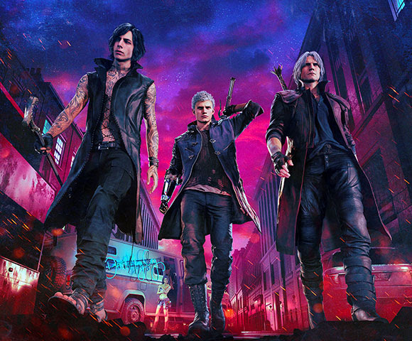 V, Nero, and Dante walking away from a violet colored sky.