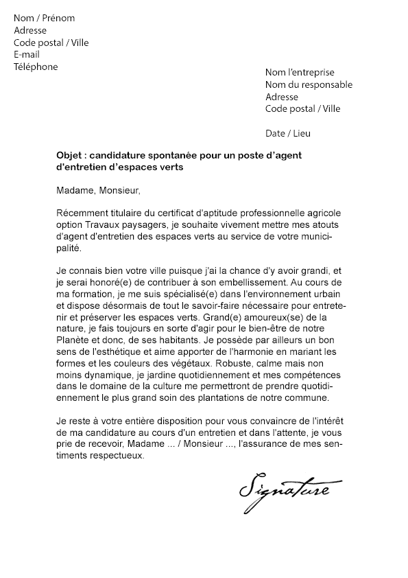 Lettre De Motivation Agent D Entretien Espaces Verts Modele De Lettre