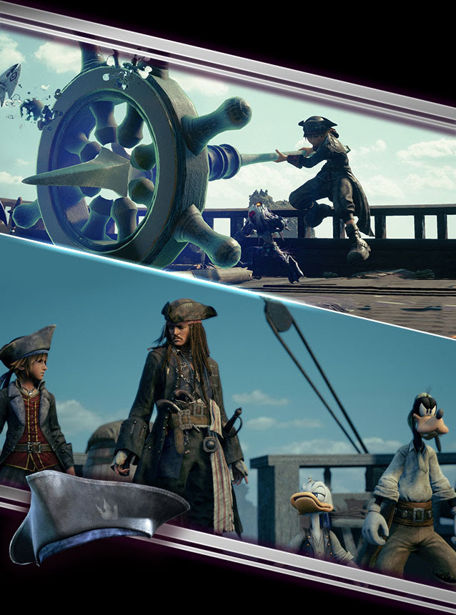 Two, in-gameplay scenes featuring the Pirates of the Caribbean world.