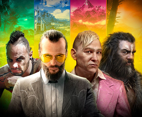 Four characters from Far Cry paired with their environments behind them