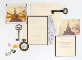 Paris Wedding Invitation with Post Card and Map Envelope Liner