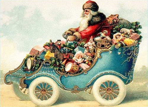 Vintage CHristmas card of Santa driving a car for no reason.