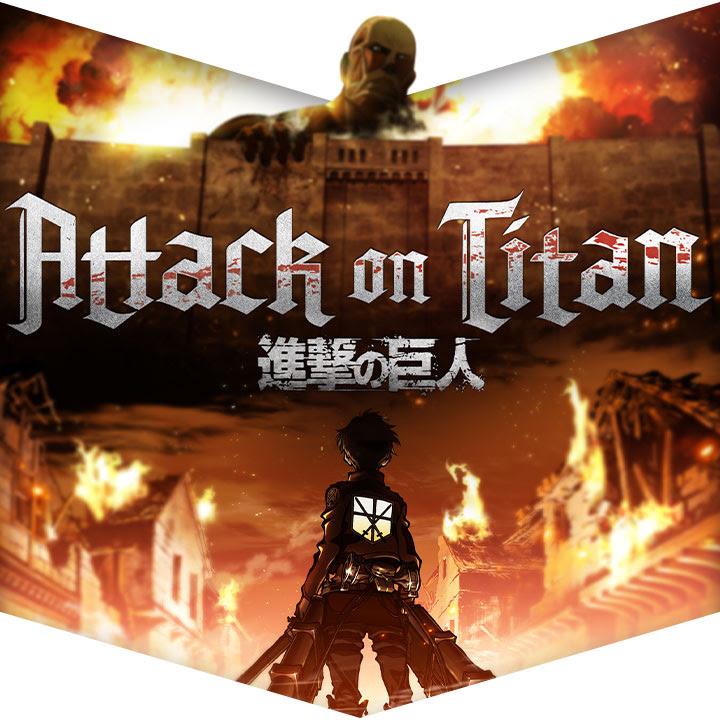 Attack on Titan key art featuring protagonist Eren Yeager facing down Colossus Titan from within a burning city