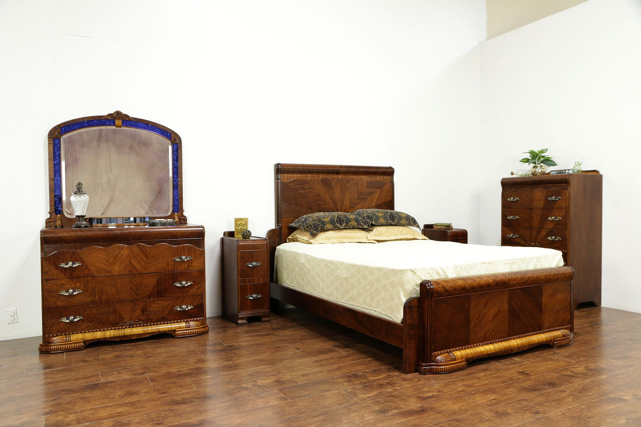 Antique art deco french armoire and bed bird's eye maple bedroom suite double. Sold Art Deco Waterfall Vintage Queen Size 5 Pc Bedroom Set Blue Mirrors 30041 Harp Gallery Antiques Furniture