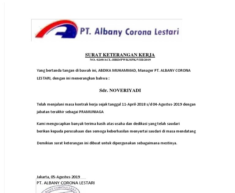 Paklaring Pt Albany Corona Lestari Pdf