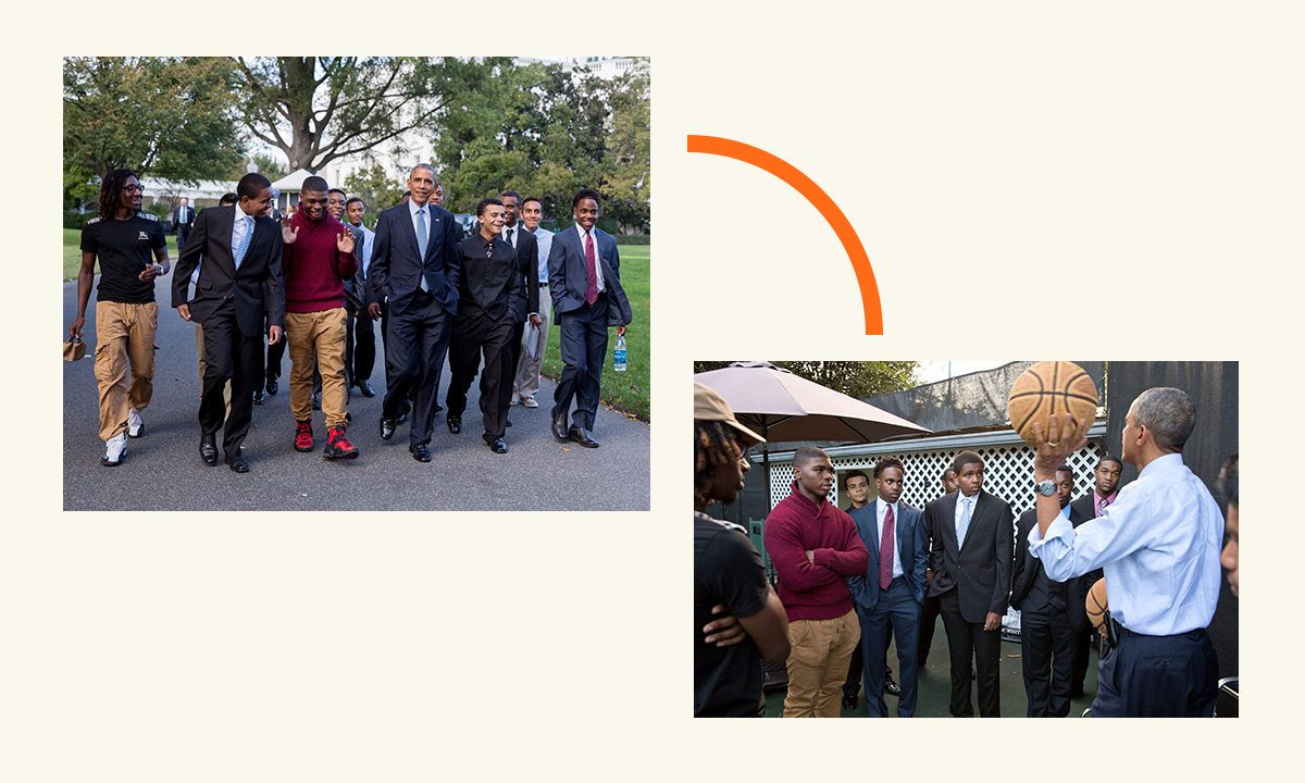 On the left, President Obama is walking outside with a group of young men with medium to dark skintones