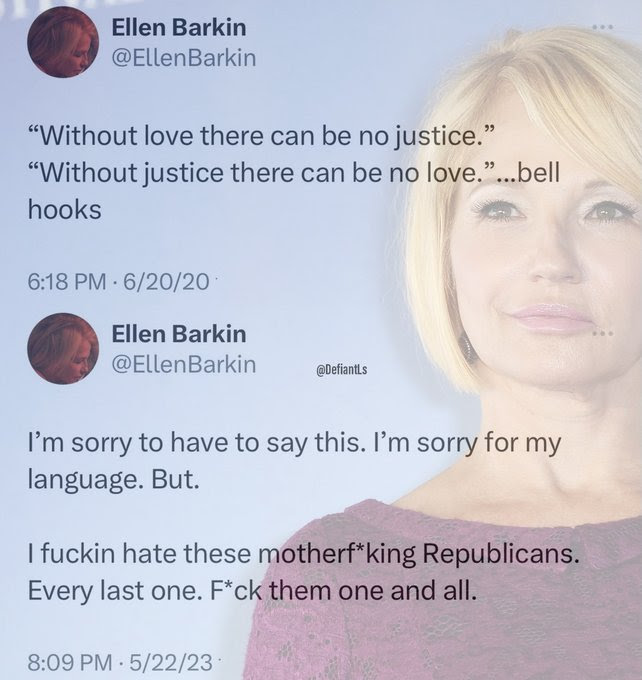 Hypocrite Ellen Barkin talks about how important "love" is then cusses out all Republicans.