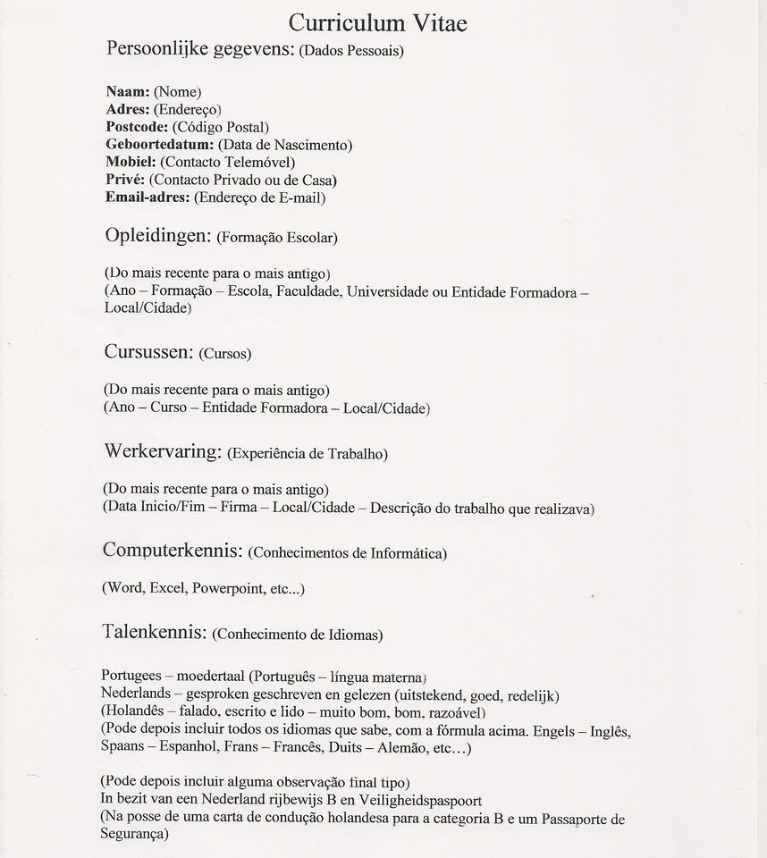 Cv único e atemporal para baixar em formato word e personalizar segundo a oferta a que você. Curriculum Vitae Melhoramento Portugueses Na Holanda