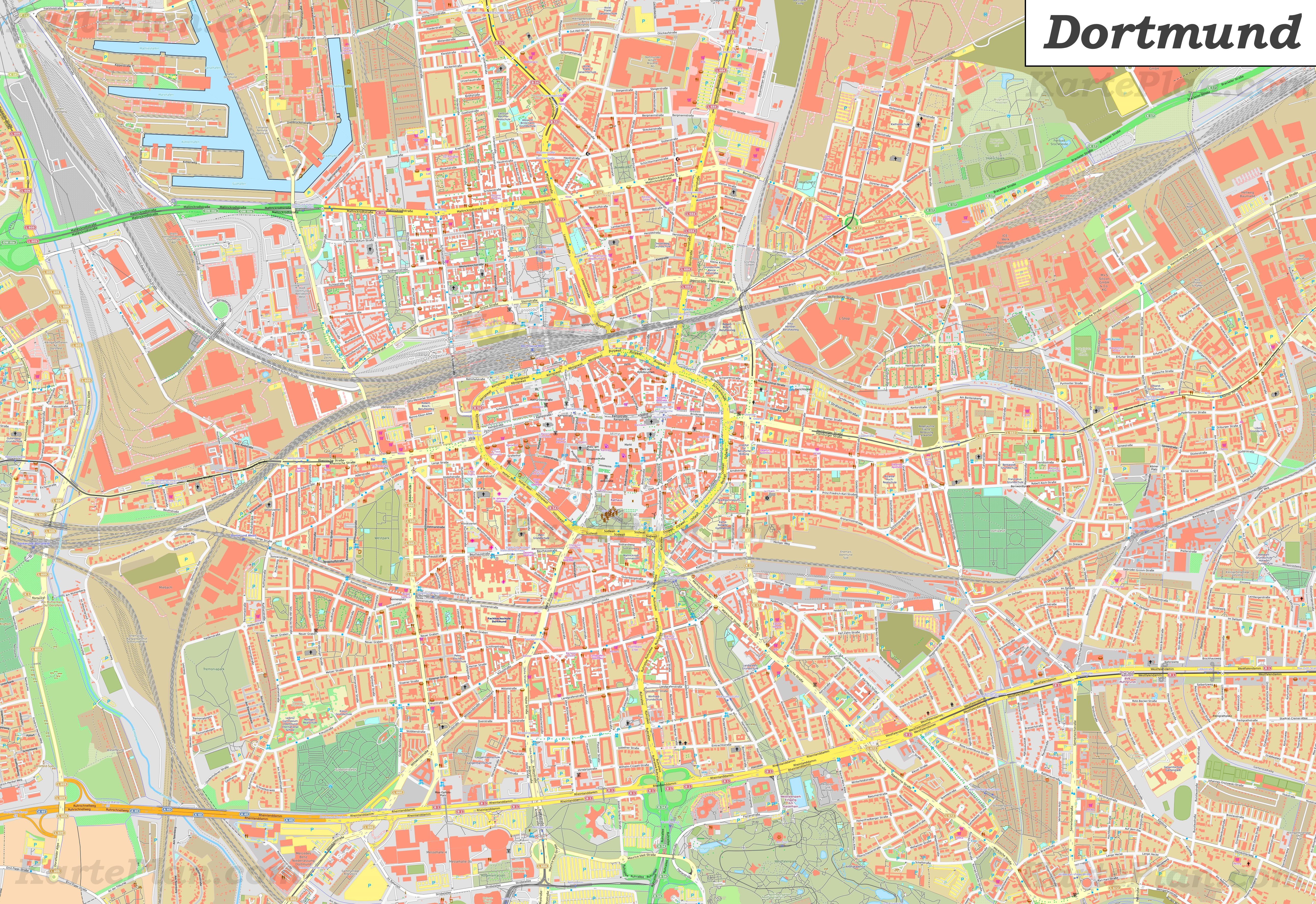 Pödn ausgesprochen) ist seit 1986 landeshauptstadt und mit einwohnern (stand ) größte stadt von. Grosse Detaillierte Stadtplan Von Dortmund