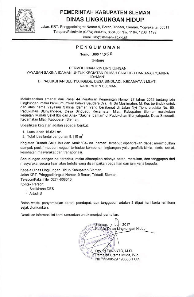Penilaian ini bukanlah tujuan akhir kami. Pemerintah Kabupaten Sleman Blog Archive Pengumuman Permohonan Izin Lingkungan Yayasan Sakina Idaman Untuk Kegiatan Rumah Sakit Ibu Dan Anak Sakina Idaman Di Padukuhan Blunyahgede Desa Sinduadi Kecamatan Mlati Kabupaten Sleman
