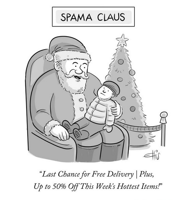 Cartoon of "Spama Cluas" delivering a spam-like ad to a child on lap.