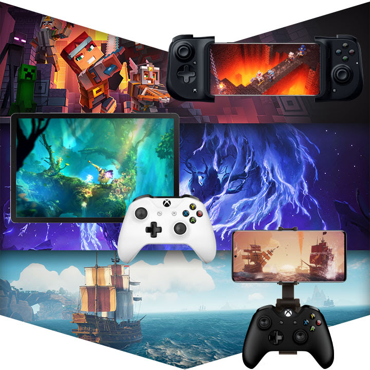 Minecraft Dungeons, Ori and the Will of the Wisps, and Sea of Thieves being played with Xbox controllers on various mobile devices